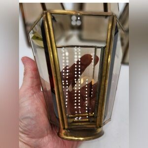 One Vintage Beveled Smoke Glass Gold Toned Metal Hexagonal Lamp Shades